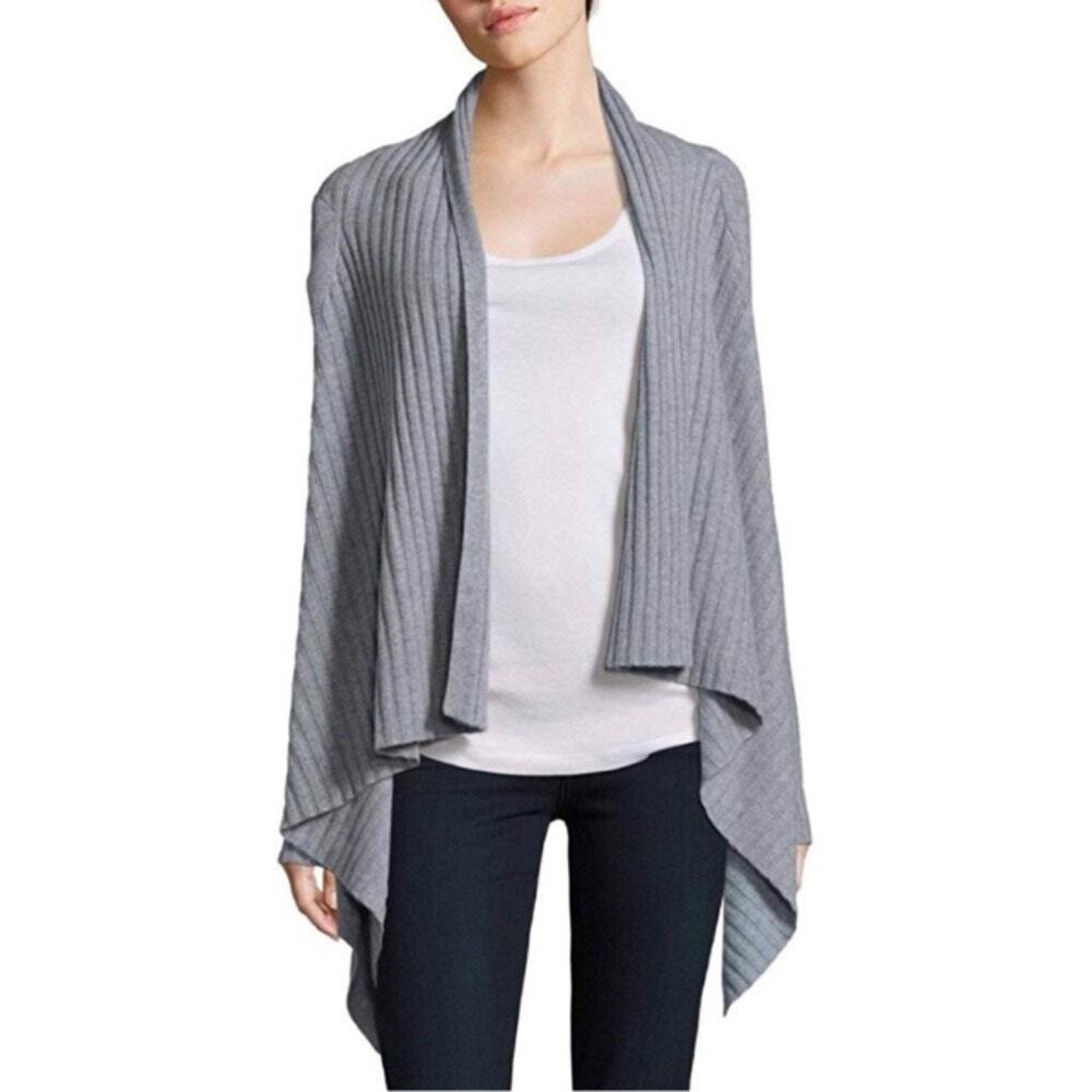 Eileen Fisher Cardigan Sweater Cashmere Ribbed Minimalist Neutral Gray Size L